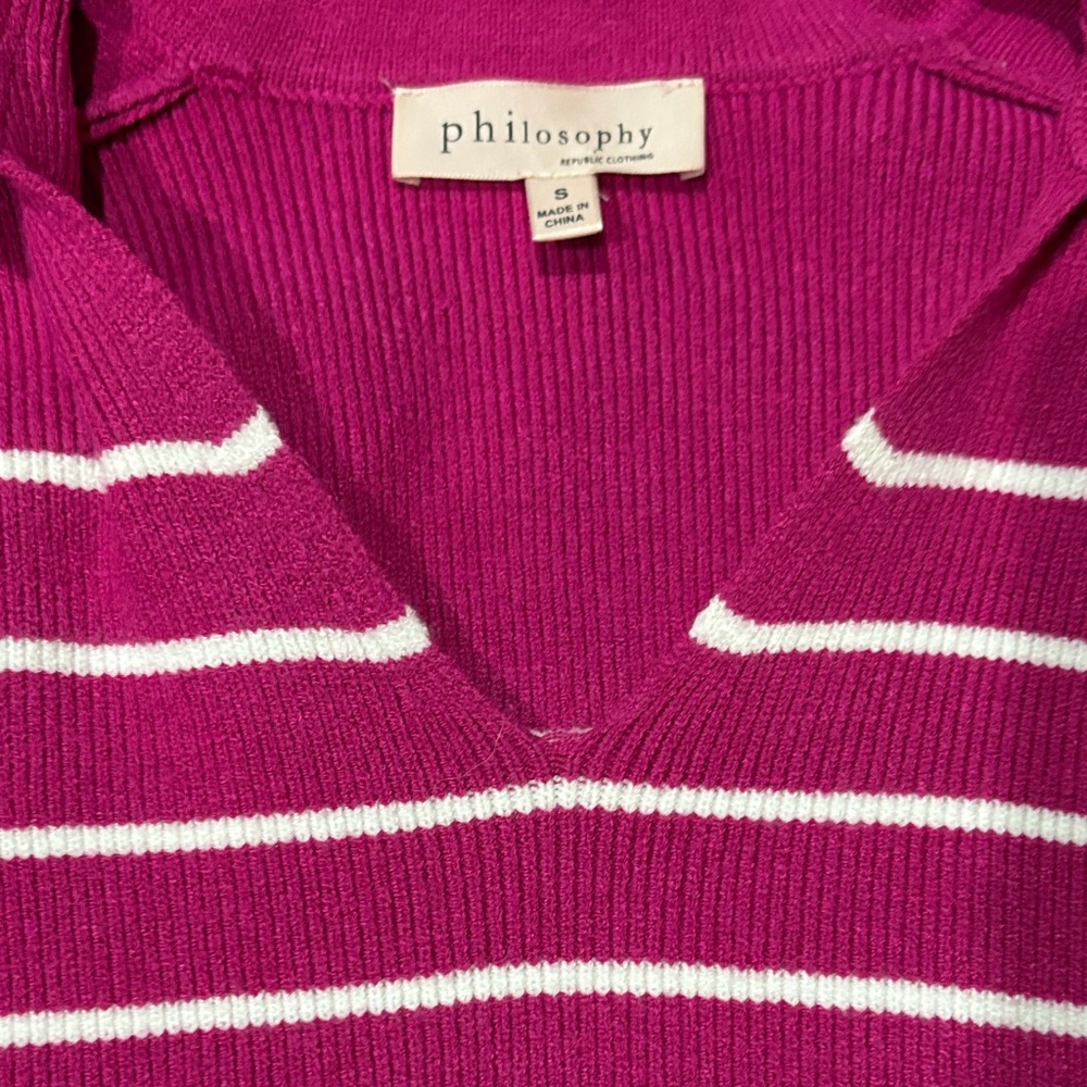 Philosophy Fuchsia and White Striped V-Neck Sweater